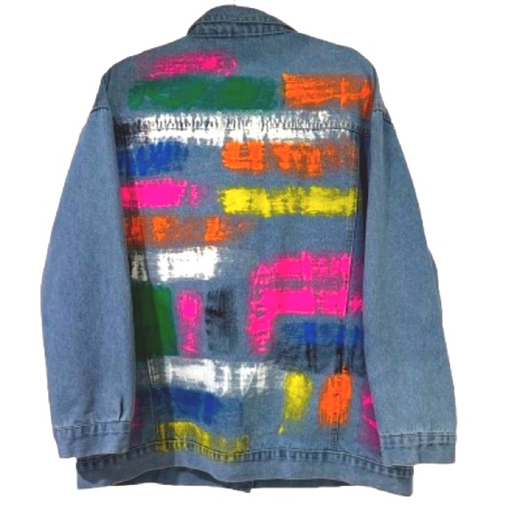 🧥🎨 SOUK + SEPIA Hand-Painted Denim Jacket 80s Graffiti Neon Streetwear Art XL - Picture 2 of 5